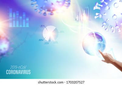 Science illustration with Finger of human hand pointing to planet earth. Epidemic blue science background. Blue infographic with DNA. 3d model of virus 19-nCov.