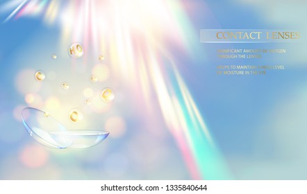 Science illustration for medical design. Contact lens concept with water wave flows over a blue background and two eye lenses. Vector illustration.