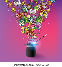 Science Illustration with Molecules and Bacteria and other Icons Coming Out of the Magic Hat Vector Art Design