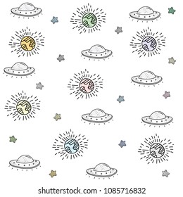 Science illustration with stars and planets. Use for prints, web, posters, invitations. Vector set of flat planets. Solar system.