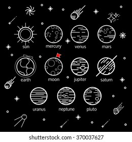  Science illustration with stars and planets. Use for prints, web, posters, invitations. Vector set of flat planets. Solar system.