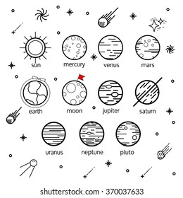 Science illustration with stars and planets. Use for prints, web, posters, invitations. Vector set of flat planets. Solar system.