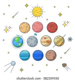 Science illustration with stars and planets. Use for prints, web, posters, invitations. Vector set of flat planets. Solar system.