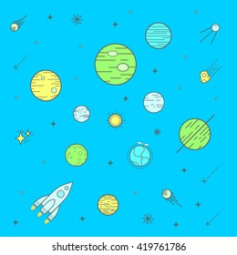 Science illustration with stars and planets. Use for prints, web, posters, invitations. Vector set of flat planets. Solar system.