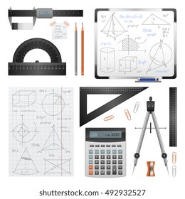 Science images set of mathematical and trigonometric stationery special instruments and solving records isolated vector illustration