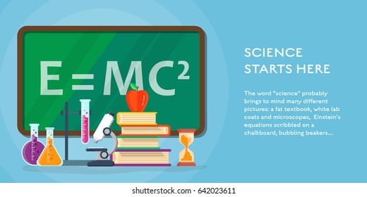 Science infographic concept background with beaker, books, microscope, chalk board and  formula in laboratory vector illustration
