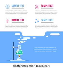 Science infographic template with glass flask and 4 options. Chemistry research. Presentation background, science concept.