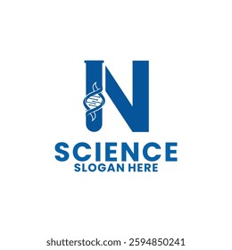 Science with Initial letter N logo design vector template. Initial Identity DNA and Laboratory Glassware combination with letter N logo icon.
