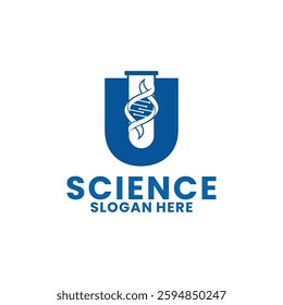 Science with Initial letter U logo design vector template. Initial Identity Laboratory Glassware and DNA icon combination with letter U. Science identity logo design inspirations