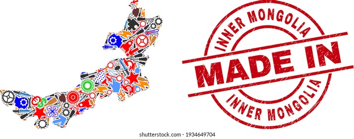 Science Inner Mongolia Karte Mosaik und MADE IN strukturiertem Gummi Stempel. Innenmongolische Kartenmosaik, entworfen aus Armbrüsten, Zahnräder, Schraubendreher, Luftfahrtsymbole, Autos, Motorfunken, Helme.