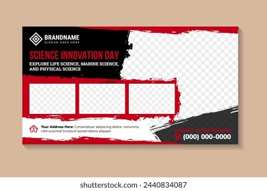 Science innovation day design banner design. Advertising of scientific seminar. red and black simple brush grunge  background. Template for banner, poster, flyer, magazine page. Vector illustration