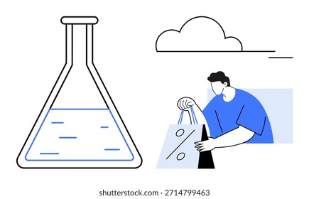 Innovación en Ciencia, e-commerce marketing, análisis de datos, retail trends, investigación, diseño creativo. Frasco de química con líquido, persona que sostiene una bolsa de compras con un símbolo de descuento, elemento de nube