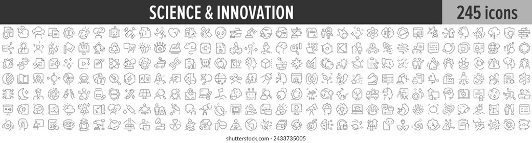 Science and Innovation linear icon collection. Big set of 245 Science and Innovation icons. Thin line icons collection. Vector illustration