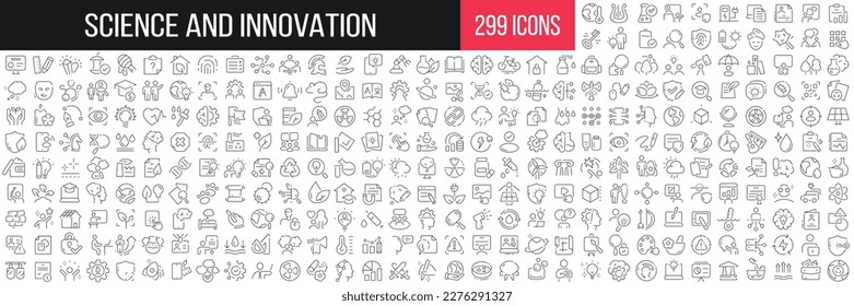 Colección de iconos lineales de ciencia e innovación. Gran conjunto de 299 íconos de línea delgada en negro. Ilustración del vector