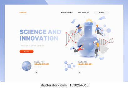 Science and innovation web header template with a big flask surrounded by tiny explorers. Modern flat design concept with gradients.