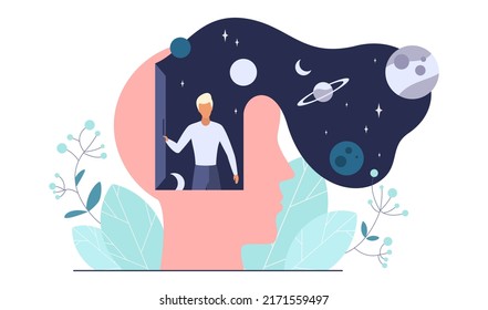 Science insight, inner discovery in surreal brain. Cartoon man at open door in human head, magic cosmos adventure among planets of solar system and stars flat vector illustration. Imagination concept