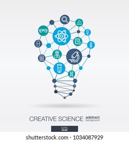 Science integrated thin line web icons. Idea, solution in light bulb shape. Digital network concept. Connected polygons and circles system. Laboratory research, innovation abstract background. Vector