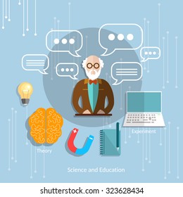 Science and international education classroom university professor theory teacher college lecture school objects vector illustration  