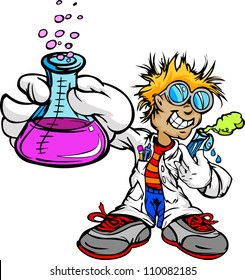 Science Inventor Boy Cartoon Student With Lab Coat And Scientific Experiment Equipment Vector Illustration