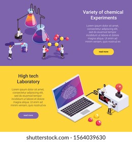 Science isometric background set of two horizontal banners with read more buttons text people and equipment vector illustration