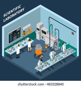 Science isometric concept with laboratory symbols on blue background vector illustration 