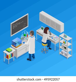 Science Isometric Concept With Laboratory Symbols On Blue Background Vector Illustration 