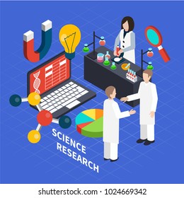 Science isometric concept with research symbols on blue background vector illustration 