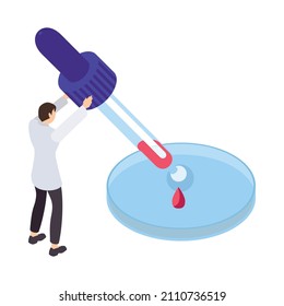 Science isometric icon with scientist peforming lab test with dropper and reagents 3d vector illustration