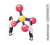 Science isometric icon with two female characters of scientists holding molecular model 3d vector illustration