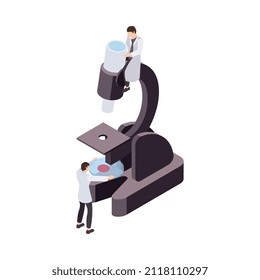 Icono científico isométrico con dos científicos trabajando con la ilustración de microscopio 3d vectorial