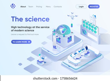 The Science Isometric Landing Page. Scientific Research And Development, High Technology In Pharma Industry. Science Laboratory Template For CMS And Website. Isometry Scene With People Characters.