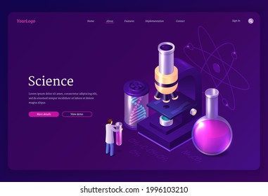 Science isometric landing page, tiny scientist working in lab with huge microscope, medical beaker and dna spiral projection, scientific laboratory development, chemistry research 3d vector web banner