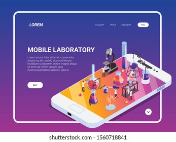 Science isometric landing page web site design background with conceptual images clickable links text and buttons vector illustration