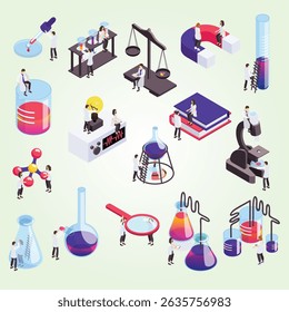 Ciencia isométrica conjunto de equipo de escala de lupa de imán para frasco de investigación con reactivos químicos Ilustración vectorial aislada educación Web página gafas
