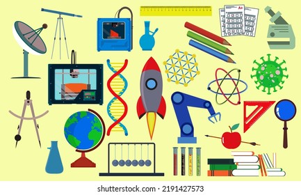 Science item for education and chemistry laboratory. Experiment symbol and study element icon vector illustration. Research technology object and physics equipment set. Scientific discovery collection