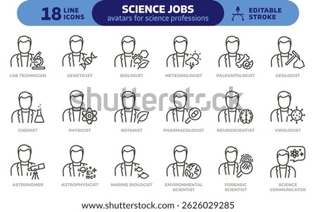 Science jobs icon set. Thin line editable stroke icons for research, laboratory, biology, chemistry, physics, communication and research professions. Character avatars