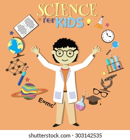 Science for kids. Cartoon scientist, collection of science symbols and design elements. Vector Illustration.