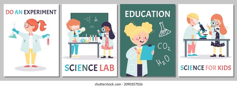 Science for kids, chemistry experiments in school laboratory in flat vector illustration isolated. Set of posters with clever girls, boys with test tubes, microscope, other chemical equipment