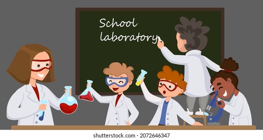 Science kids. Childrens in chemistry lab boys and little girls funny people. laboratory work in school. Science and education for children vector concept. Explosion in school laboratory. Humor clipart