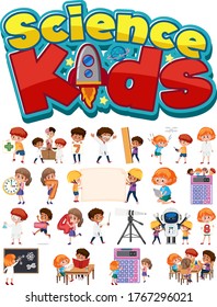 Science kids logo and set of children with education objects isolated illustration