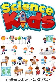 Science kids logo and set of children with education objects isolated illustration