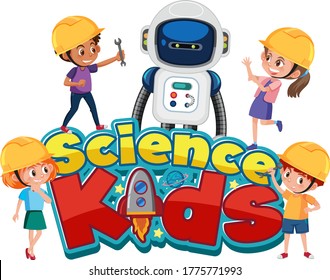 Science kids logo with kids wearing engineer costume isolated illustration