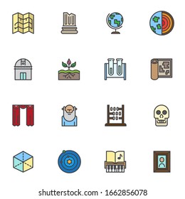 Wissenschaft, wissensgefüllte Umrisssymbole Set, Linie Vektorillustration Symbol Sammlung, Bildung lineares farbiges Piktogramm-Paket. Zeichen, Logo-Illustration, Set enthält Symbole wie Chemie, Architektur, Anatomie