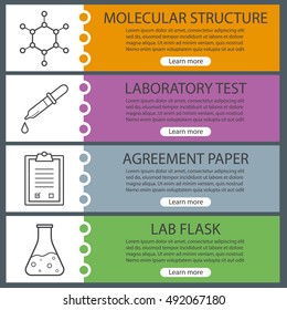 Science lab banner templates set. Easy to edit. Pipette with drop, beaker, molecular structure and lab clipboard. Website menu items with linear icons. Color web banner. Vector headers design concepts