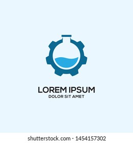 Science lab beaker logo with gear icon inside vector illustration