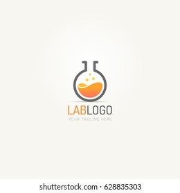 Science lab beaker logo with orange liquid inside vector icon illustration