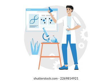 Science lab blue concept with people scene in the flat cartoon design. Researcher analyzes the results of an experiment in a scientific laboratory. Vector illustration.