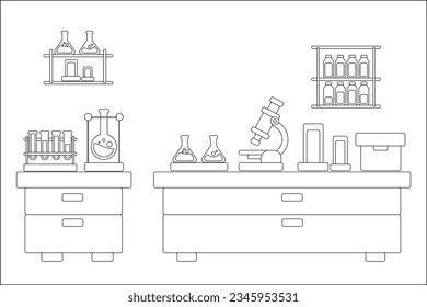 laboratorio de ciencias con un aparador azul y estanterías llenas de suministros de laboratorio y un microscopio en la pared encima de los estantes con frascos suaves y curvas vectoriales