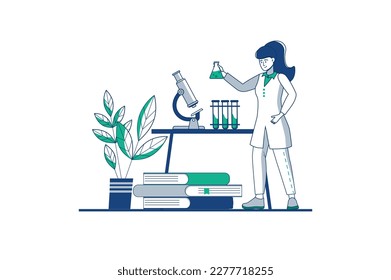 Concepto de esquema azul del laboratorio de ciencia con escena de personas en el estilo de dibujos planos. Científico verifica los resultados de los experimentos realizados en el laboratorio. Ilustración vectorial.