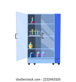 Science lab cabinet with flasks vector illustration. Cartoon drawing of laboratory closet with test tubes isolated on white background. Science, chemistry concept